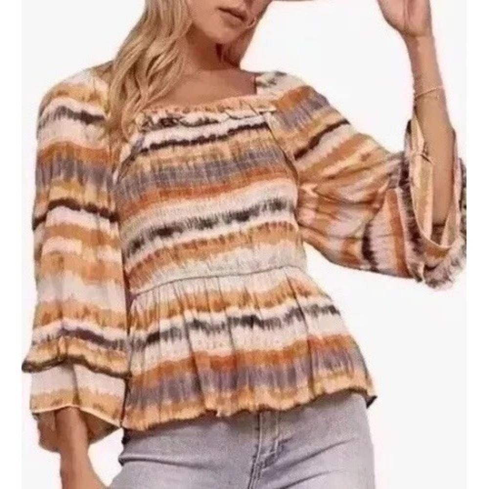 Savanna‎ James 2X Tie dye Ruffle Shirt Yellow Gray Striped Smocked Top Blouse